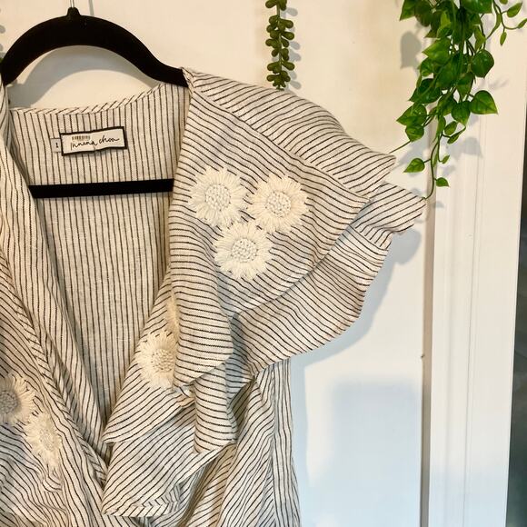 Innika Choo Striped Ruffle Mini Dress OS Linen Floral Embroidery Sailor Wrap - Picture 4 of 16